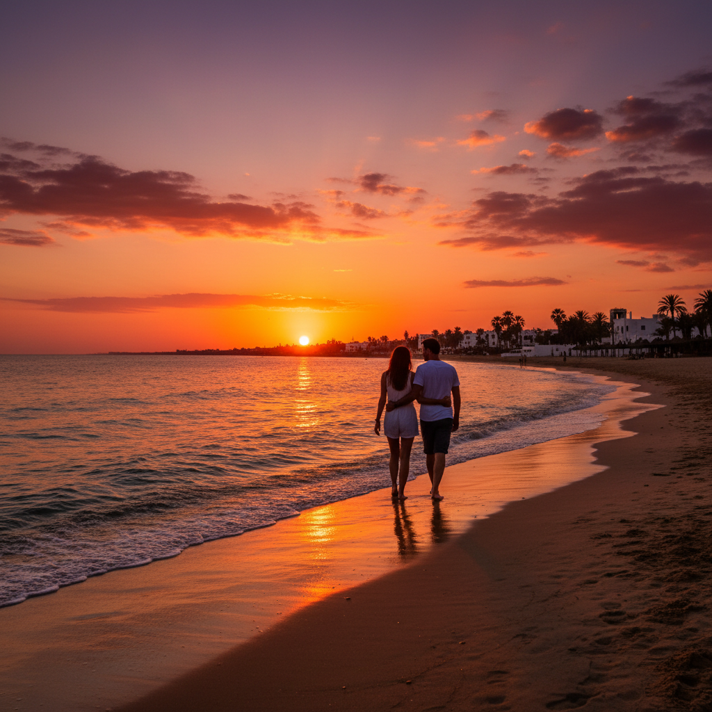 Tunisia romantic sunset beach horizontal