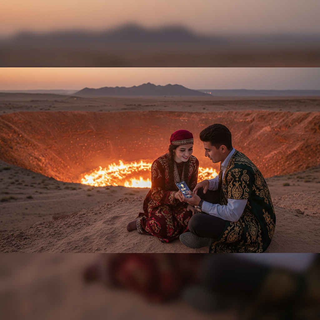couple looking at a phone screen, online dating in Turkmenistan, horizontal