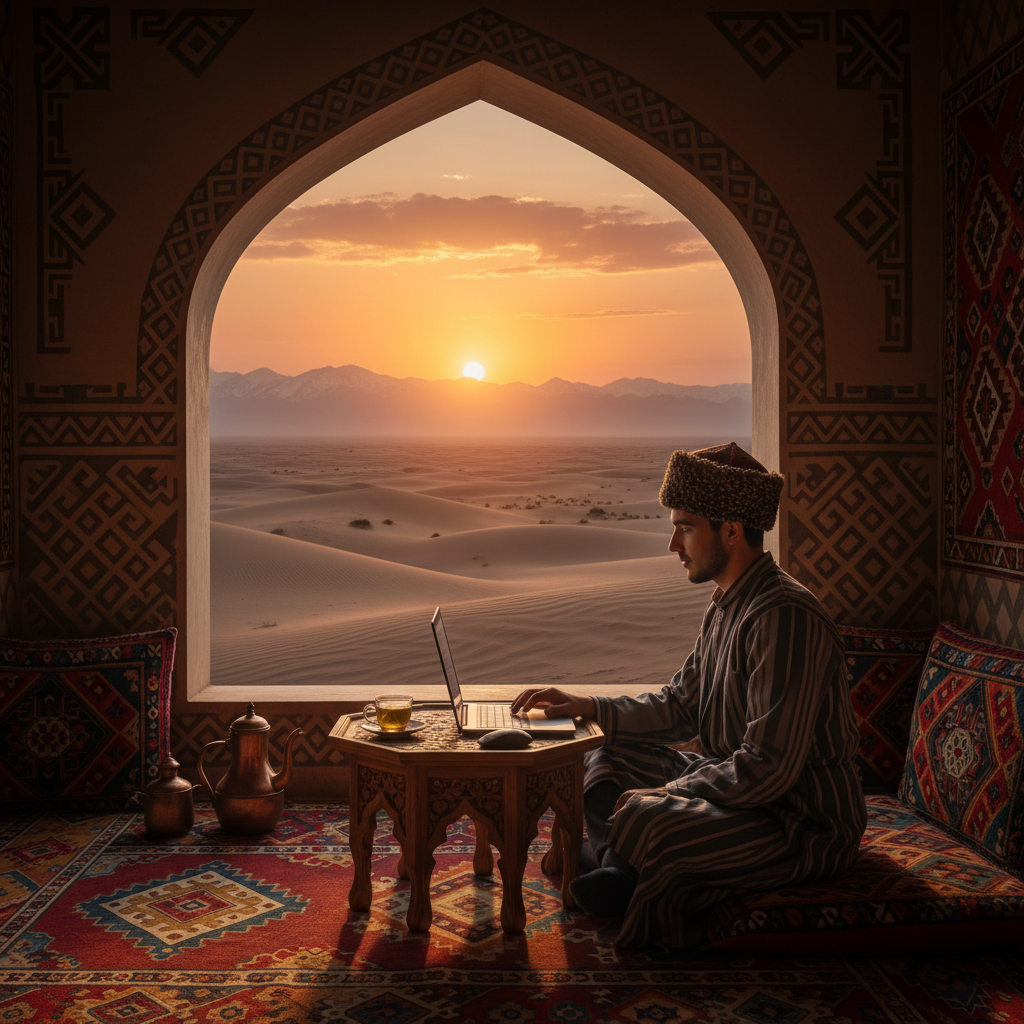 person working on a laptop at home, earning online Turkmenistan, horizontal