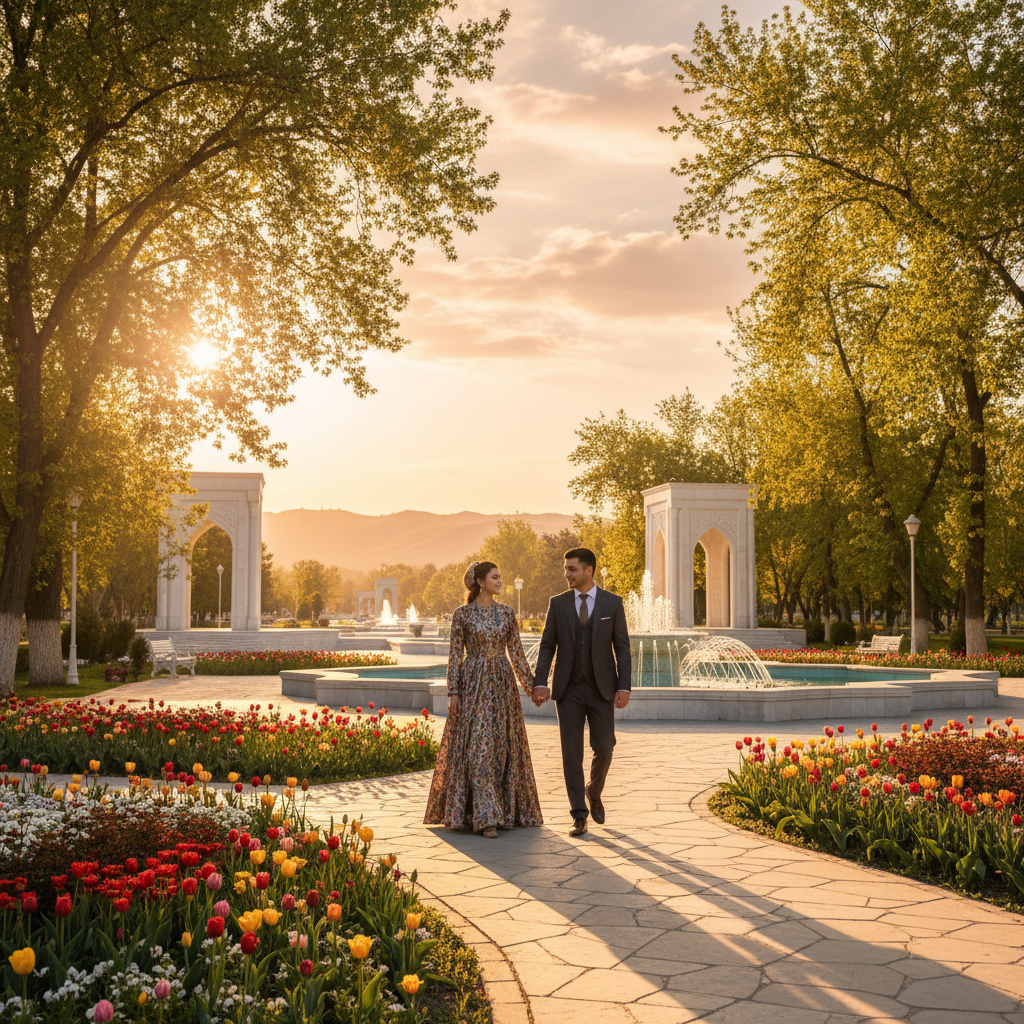 couple walking hand-in-hand in a park, romantic Turkmenistan, horizontal