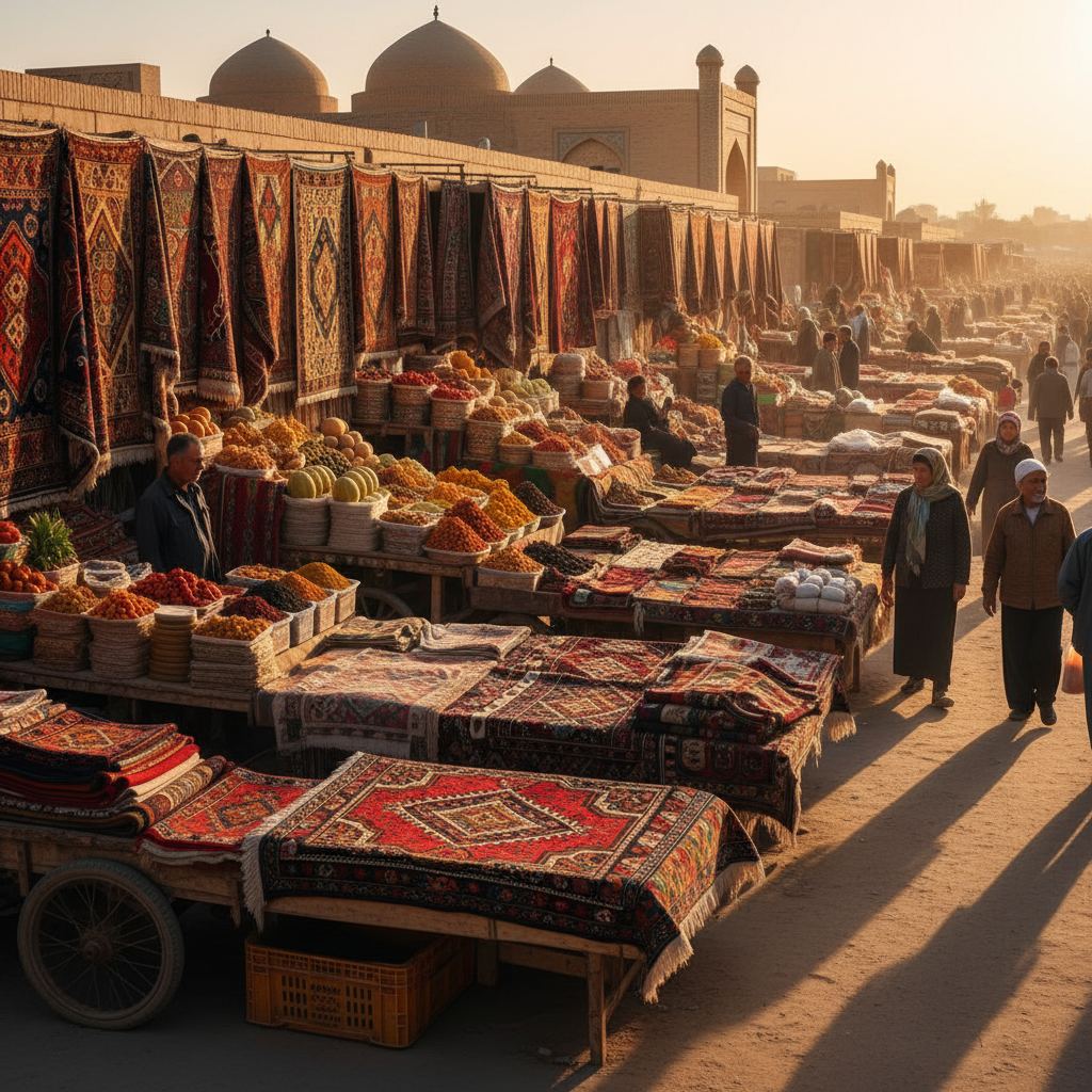colorful market stalls in Turkmenistan, shopping scene, horizontal