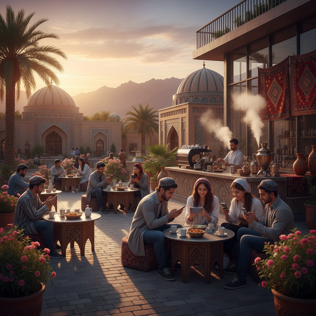 young adults using smartphones in a cafe, Turkmenistan trends, horizontal