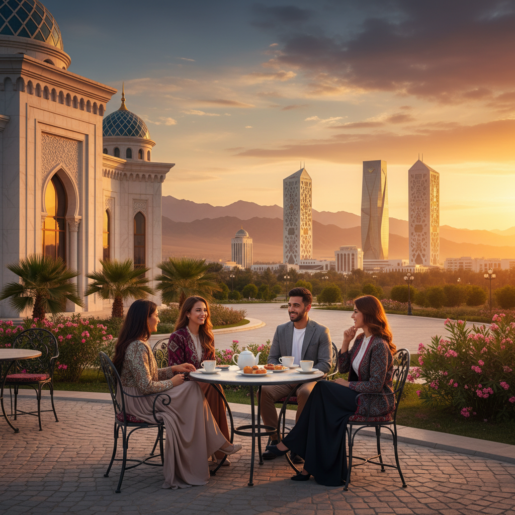people chatting at a cafe table, date venues in Turkmenistan, horizontal