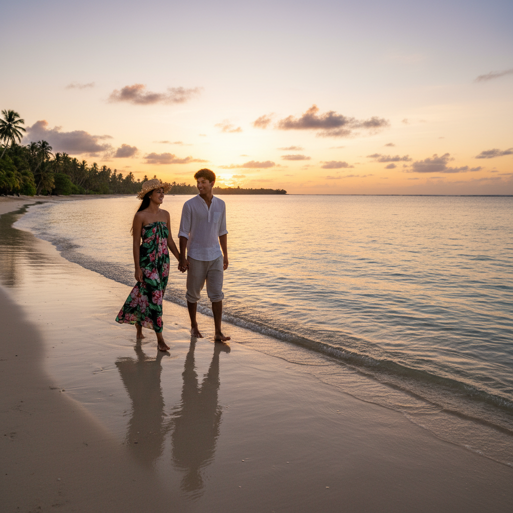 Tuvalu young couple walking on beach horizontal