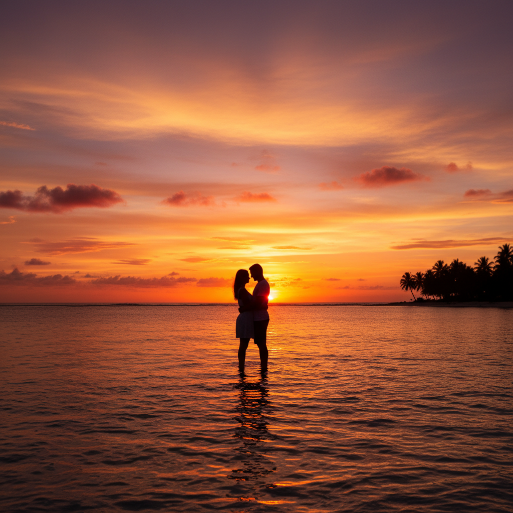 Tuvalu sunset romantic couple silhouette horizontal