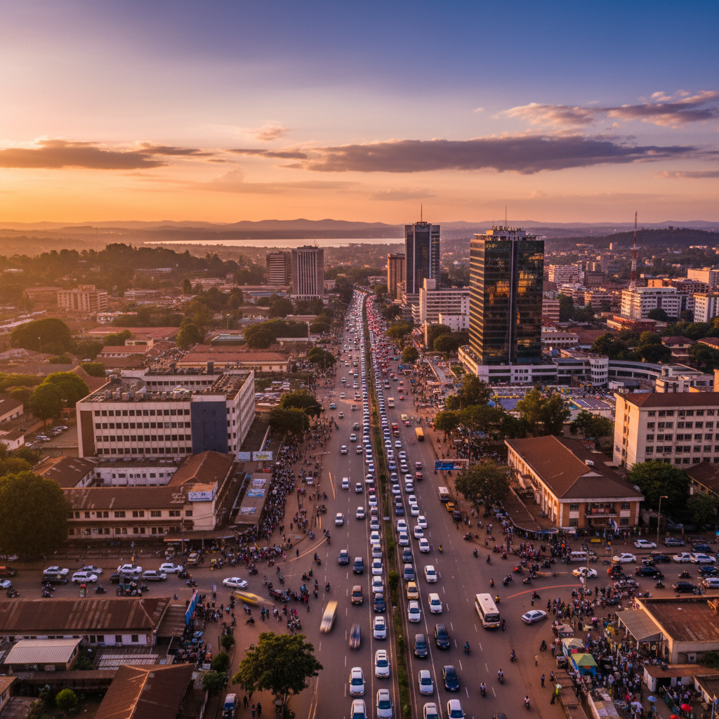 modern cityscape of Kampala, Uganda, with bustling streets, horizontal