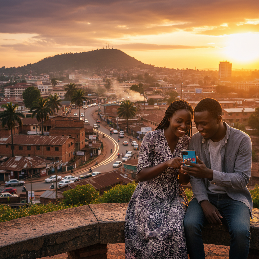 couple looking at a dating app on a phone in an urban Ugandan setting, horizontal