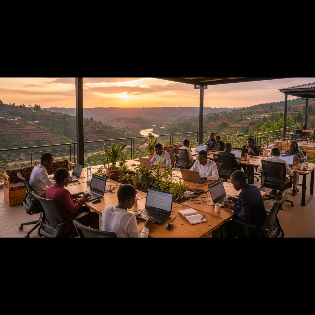  Ugandans working on laptops in a co-working space, showing economic activity, horizontal