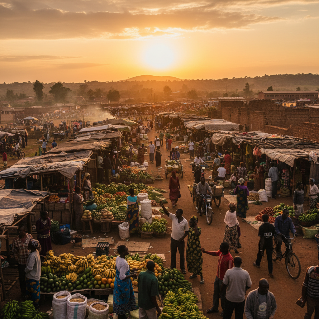 busy market scene in Uganda, showing commerce and daily life, horizontal