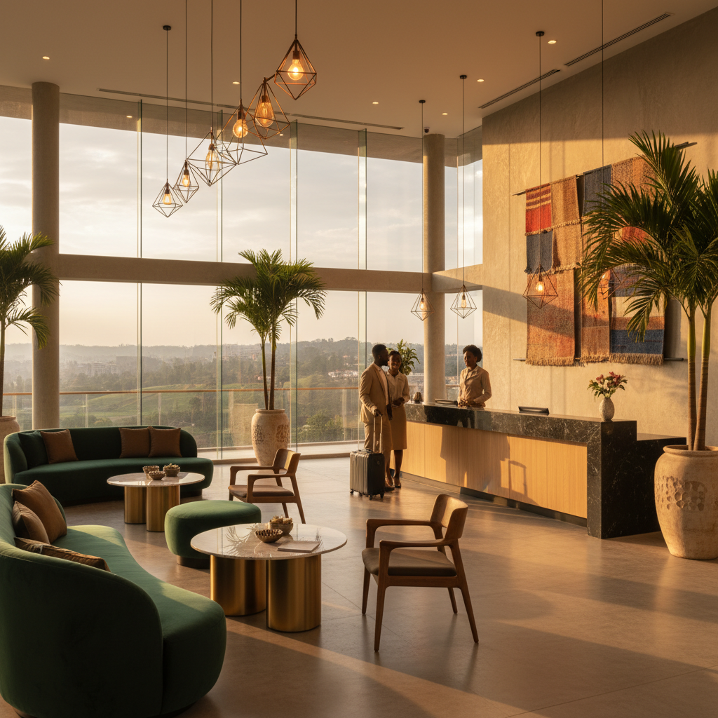 stylish hotel lobby in Kampala, Uganda, with modern decor, horizontal