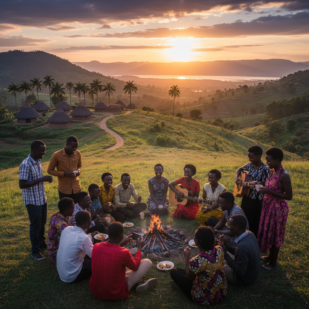 diverse group of young Ugandans connecting and socializing, horizontal