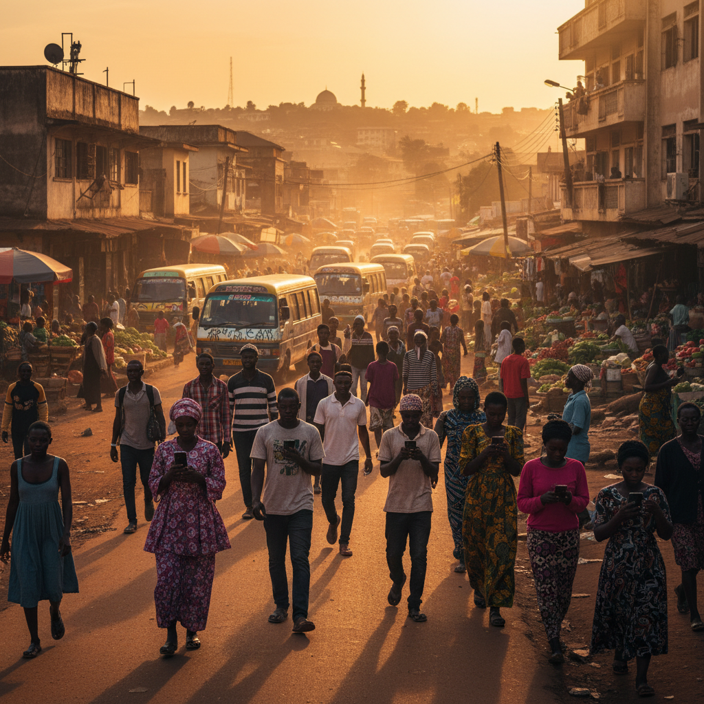 people using smartphones in Kampala, Uganda, vibrant street life, horizontal