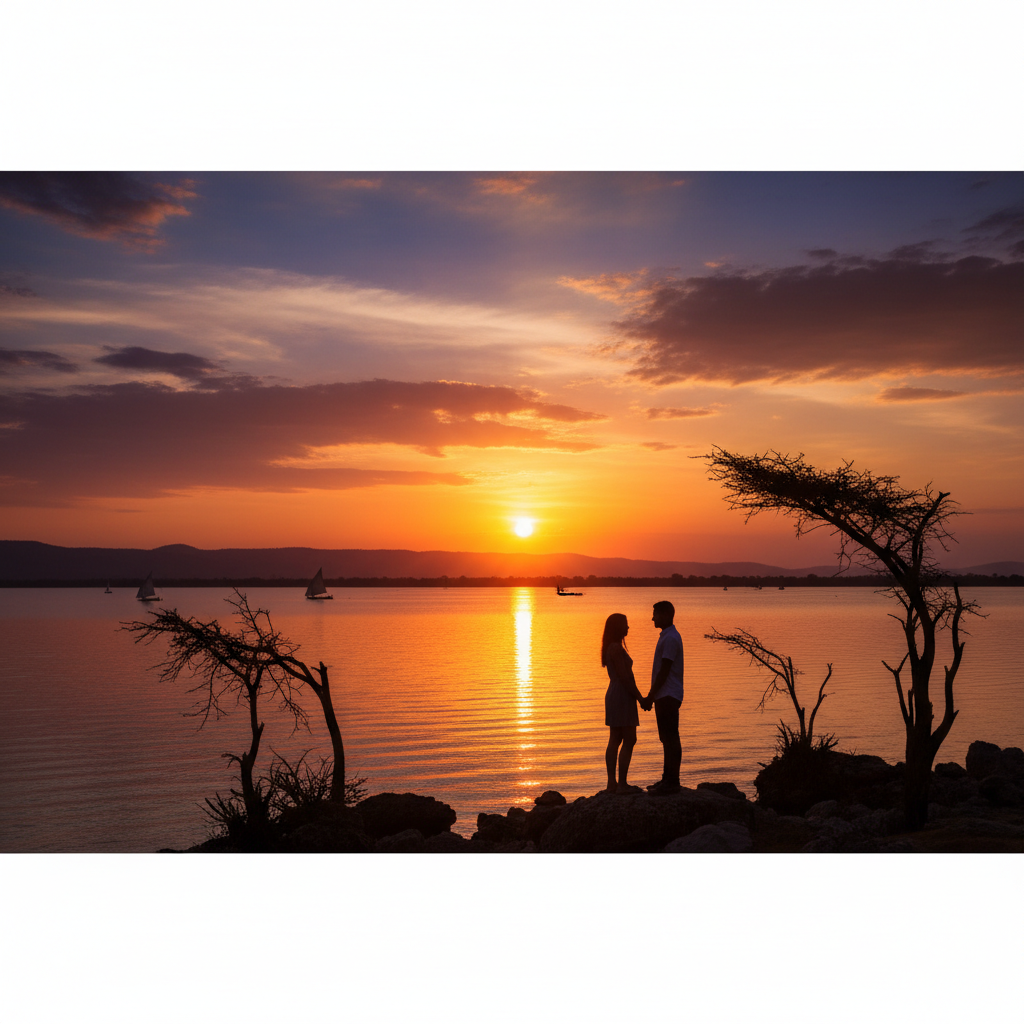 romantic sunset view over Lake Victoria with a couple silhouetted, horizontal