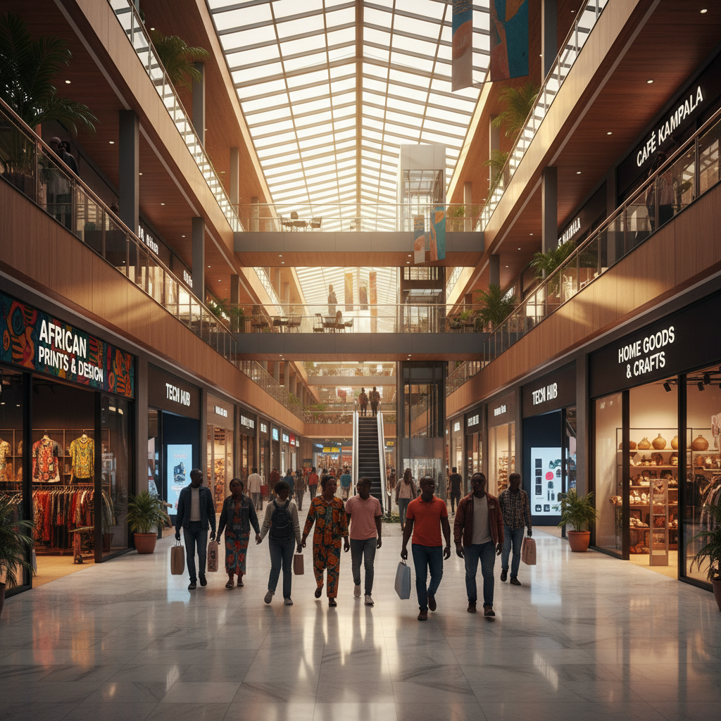 contemporary shopping mall interior in Uganda, showing diverse stores, horizontal
