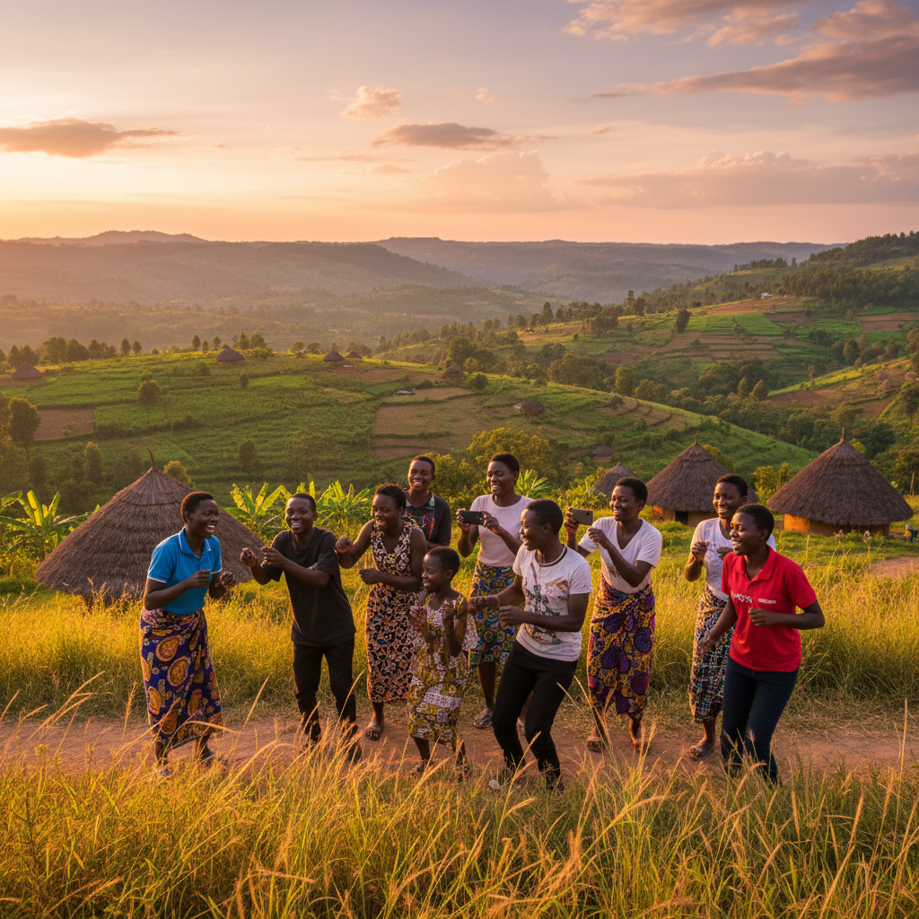 young Ugandans engaging with a viral dance challenge on phones, horizontal