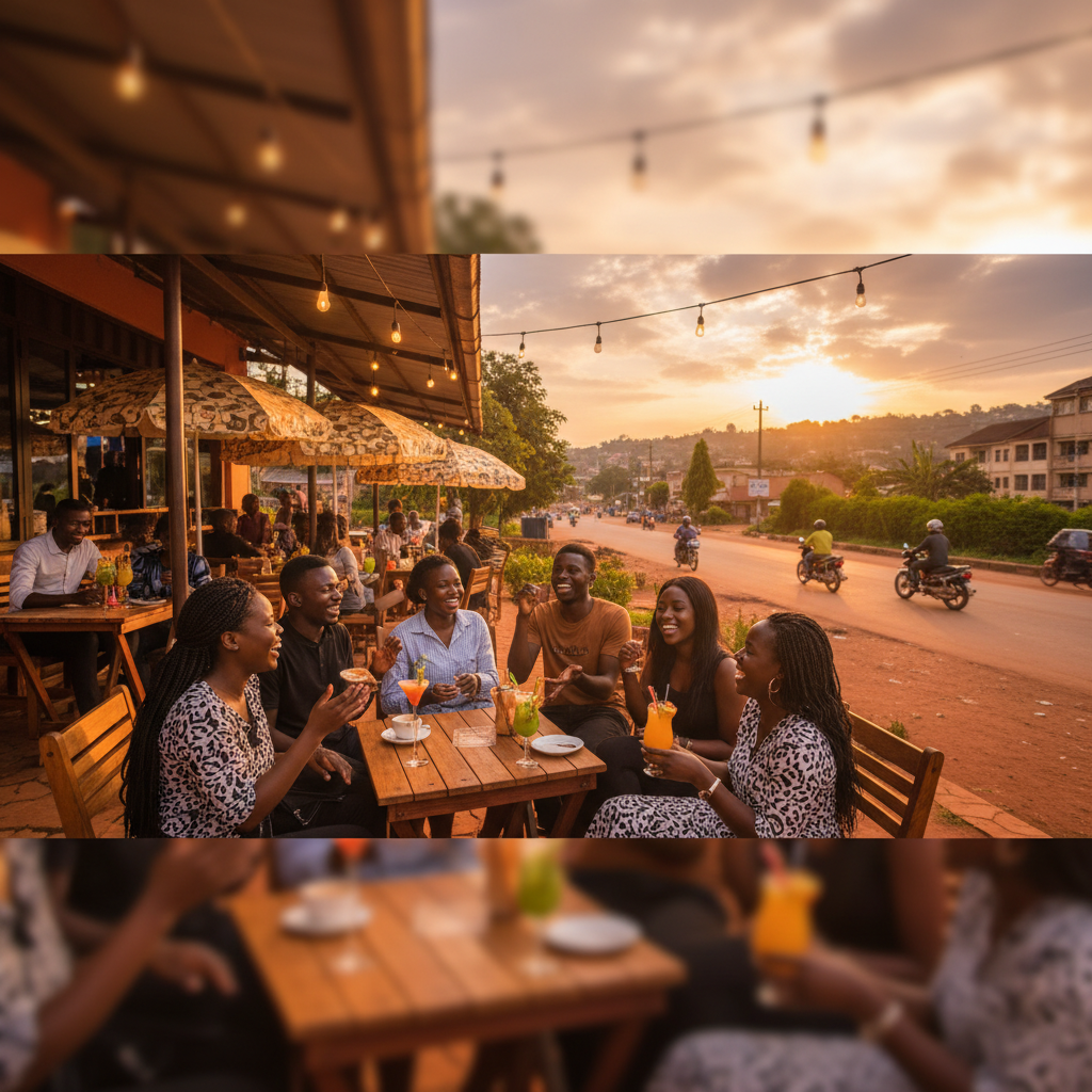 young adults gathered at a lively cafe in Bugolobi, Kampala, horizontal