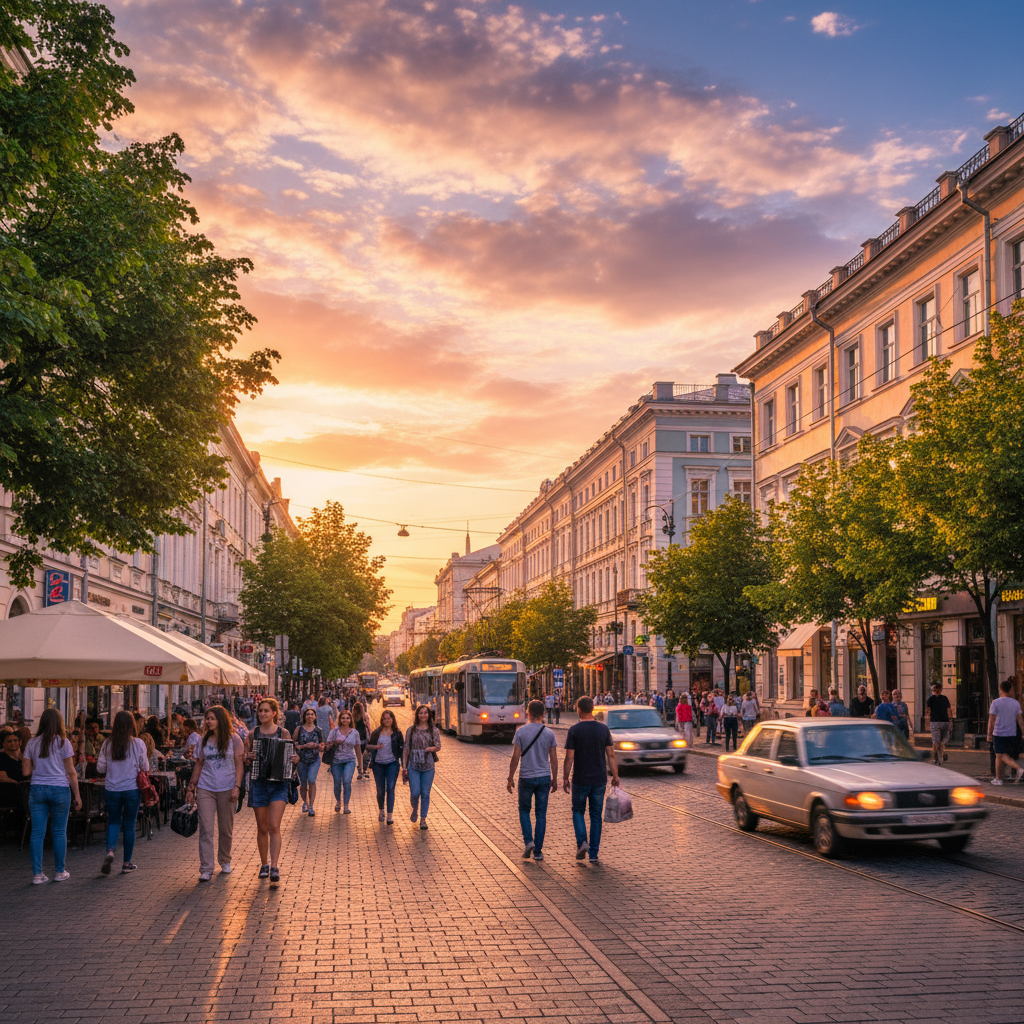 Street scene in Kyiv bustling cafe horizontal