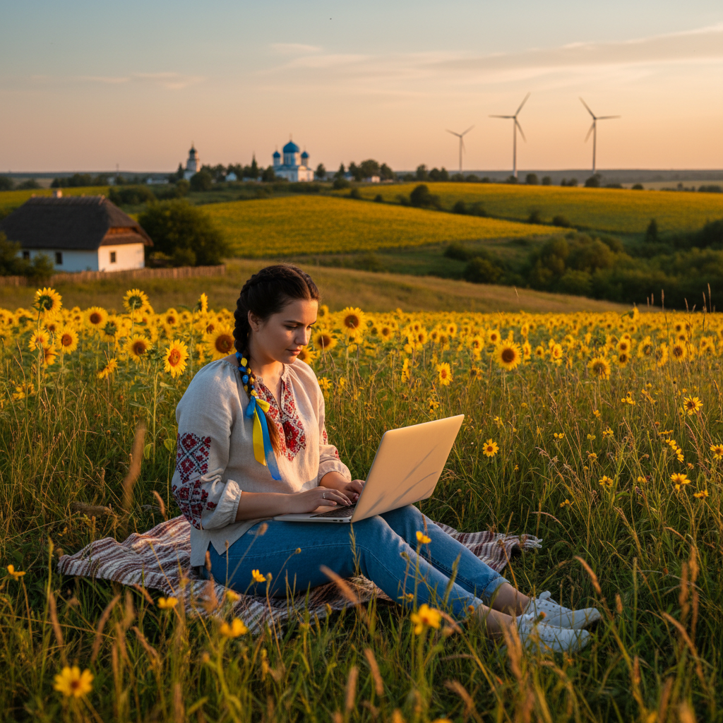 Young professional working on laptop in cafe Ukraine horizontal