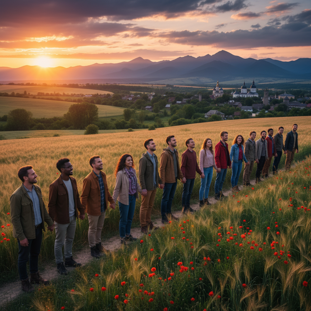 Group of diverse young adults interacting outdoors Ukraine horizontal