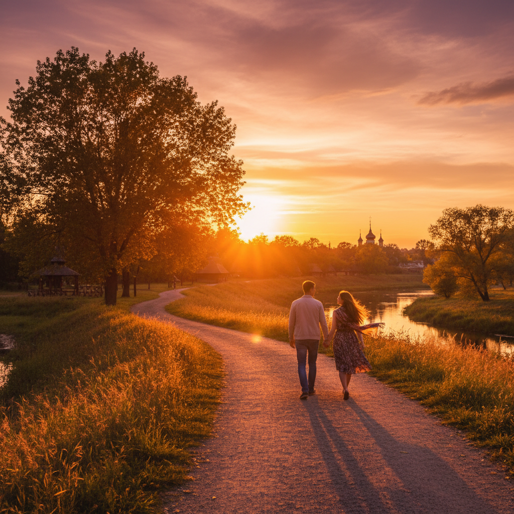 Romantic couple walking by a historical monument in Ukraine horizontal