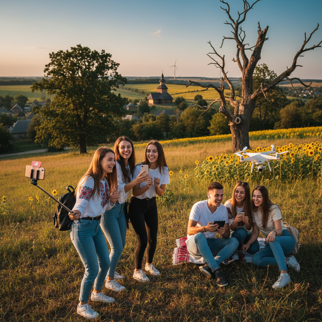 Young Ukrainians using smartphones social media horizontal