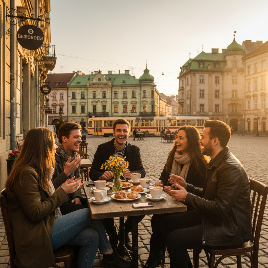 Friends chatting in a modern cafe in Lviv horizontal