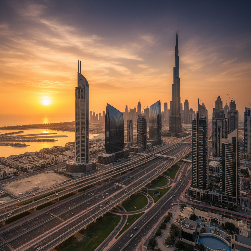 Dubai city skyline at dusk