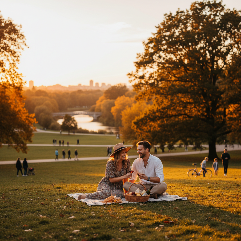couple on a date in a park, afternoon sun, horizontal