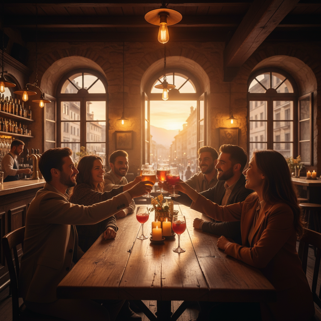 group of friends toasting drinks in a bar, horizontal