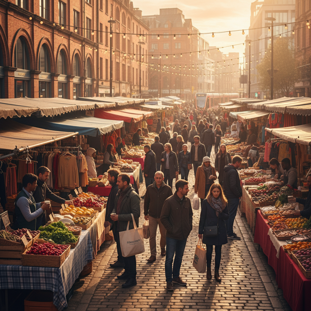 busy street market in Manchester, vibrant atmosphere, horizontal