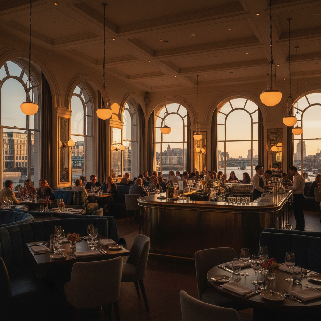 interior of a stylish restaurant in London, evening, horizontal