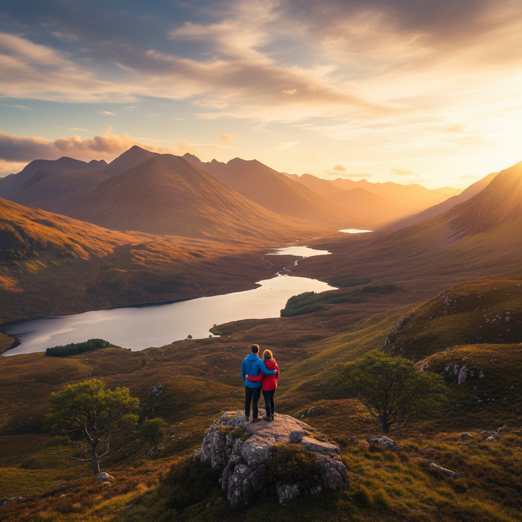 couple enjoying a scenic view in the Scottish Highlands, horizontal
