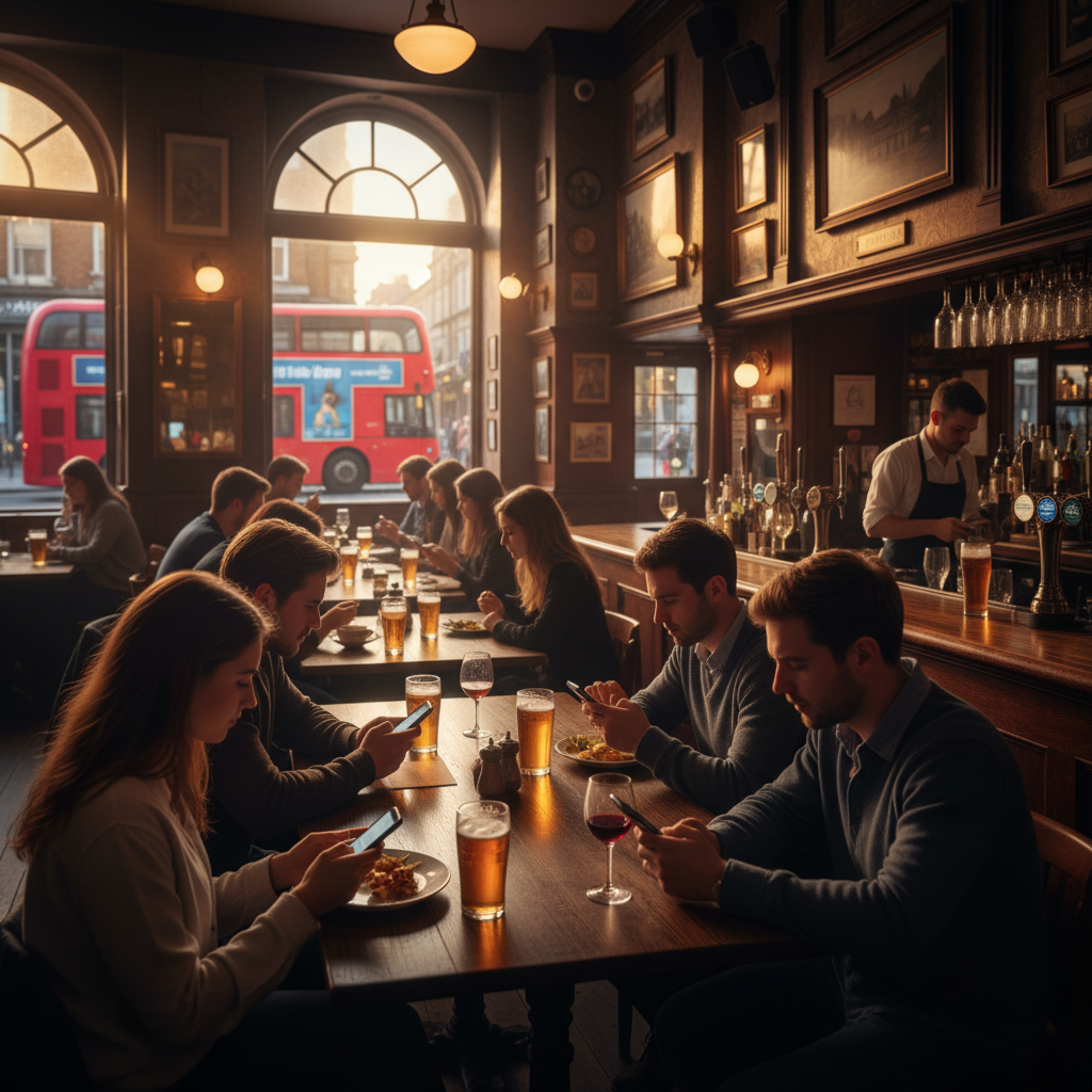 people using smartphones in London pub, horizontal