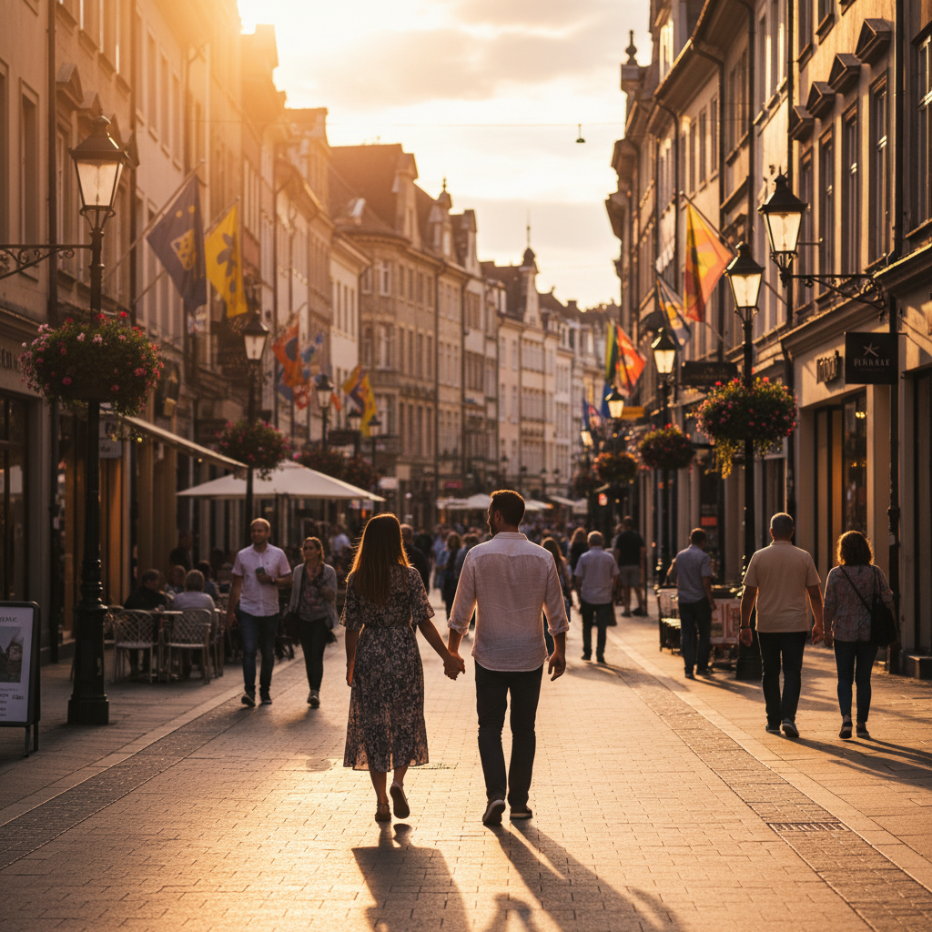 couple holding hands walking through a shopping street, horizontal