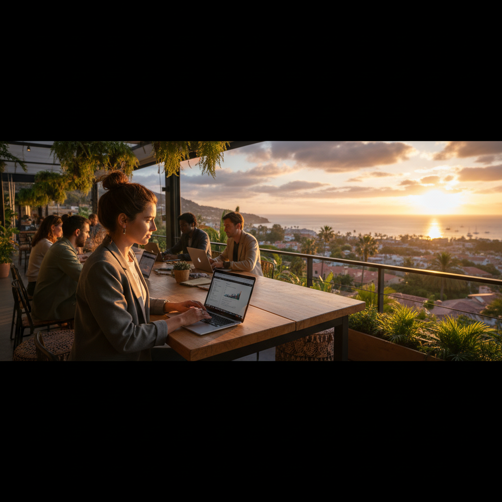 young professional working on laptop in coworking space, horizontal