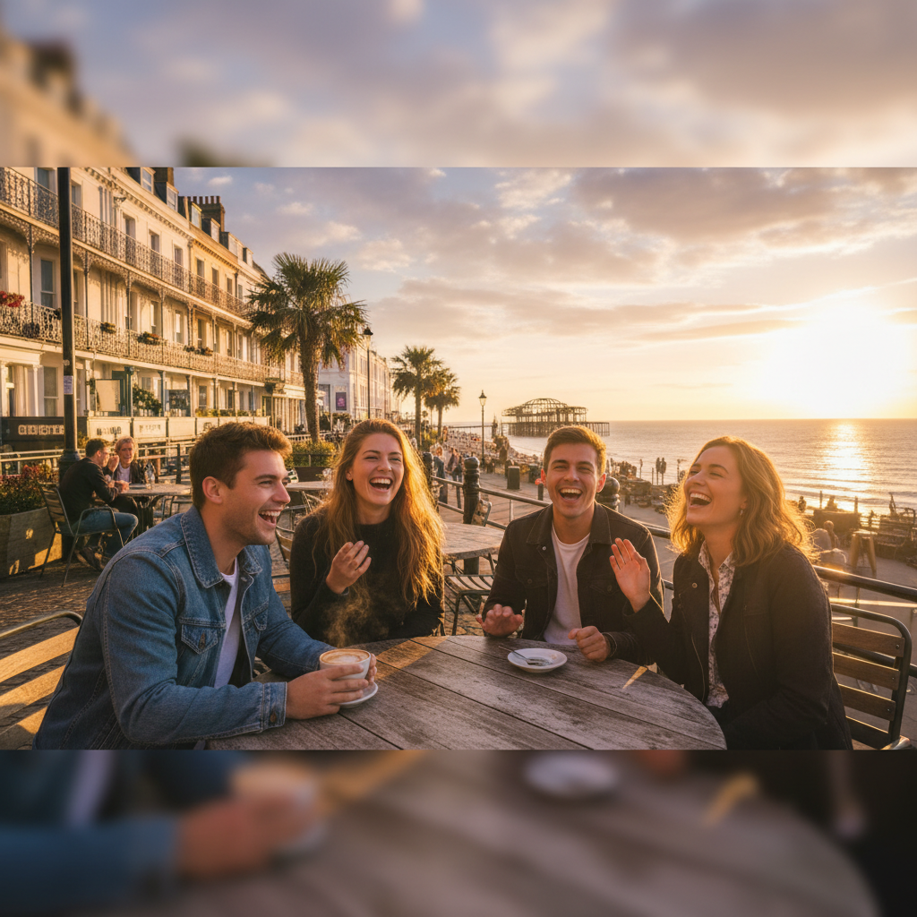 young adults laughing at a cafe in Brighton, horizontal