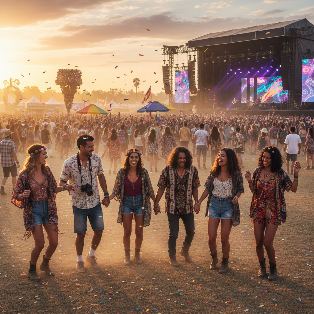 diverse group of friends at a music festival, daytime, horizontal