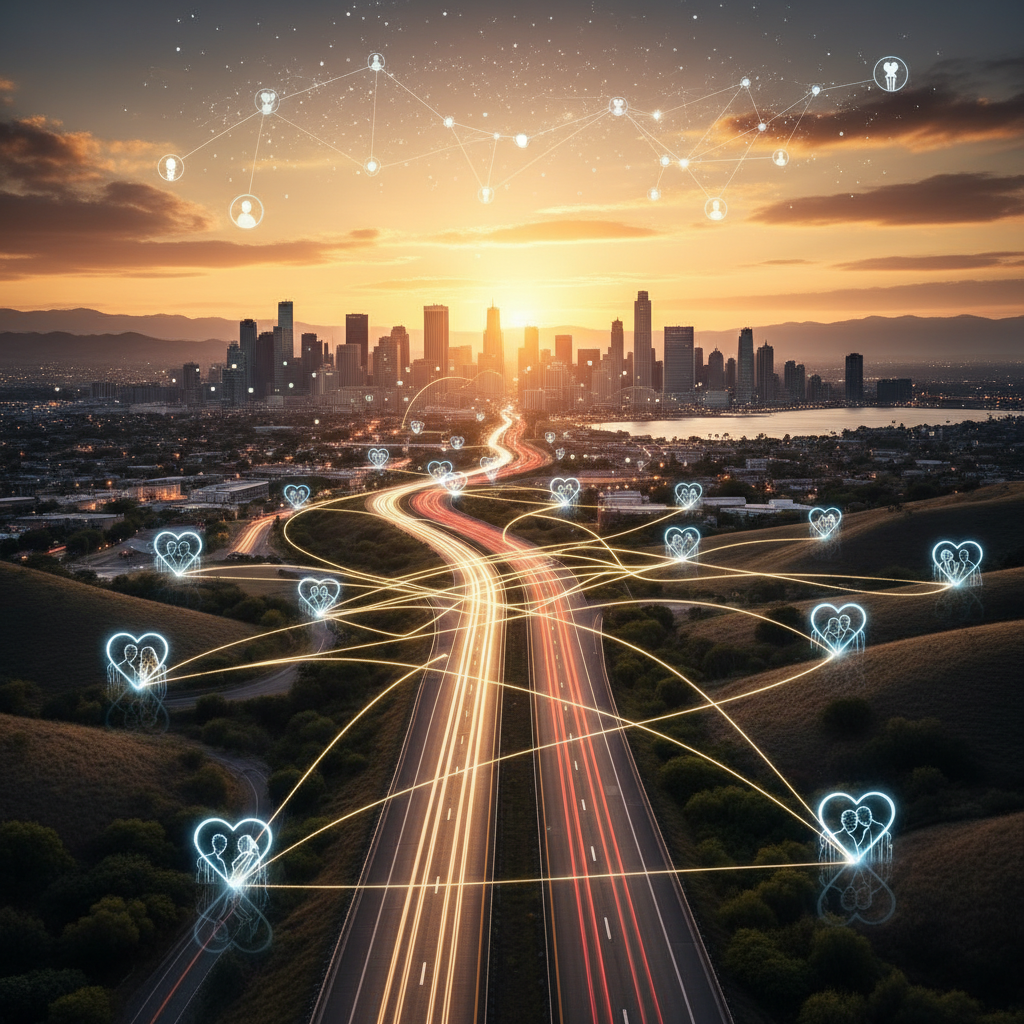 Online dating apps on smartphones, diverse individuals swiping and matching, focus on connection, clean design, horizontal