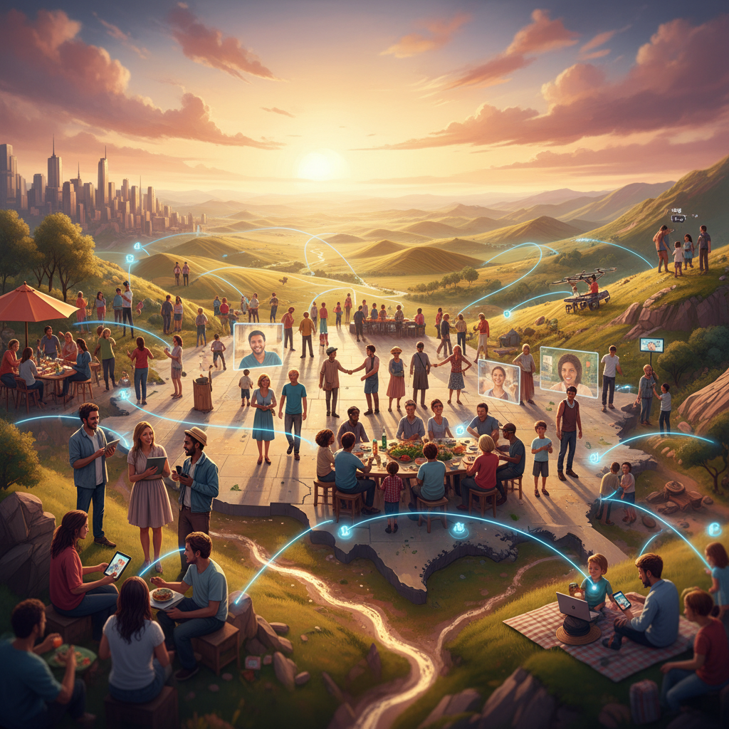 Overview of social connection in the United States, diverse people interacting digitally and in person, bright natural lighting, wide shot