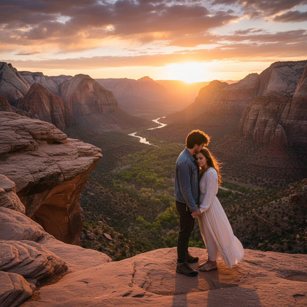Couple on a romantic date in a US city park at sunset, holding hands, genuine emotion, soft lighting, horizontal