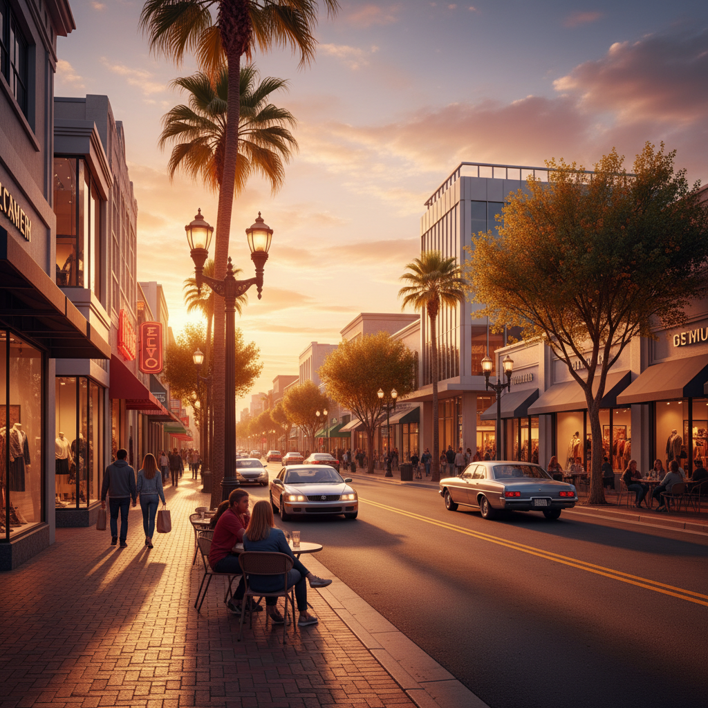 Bustling shopping street in an American city, diverse people browsing shops, bright daylight, active commercial scene, horizontal