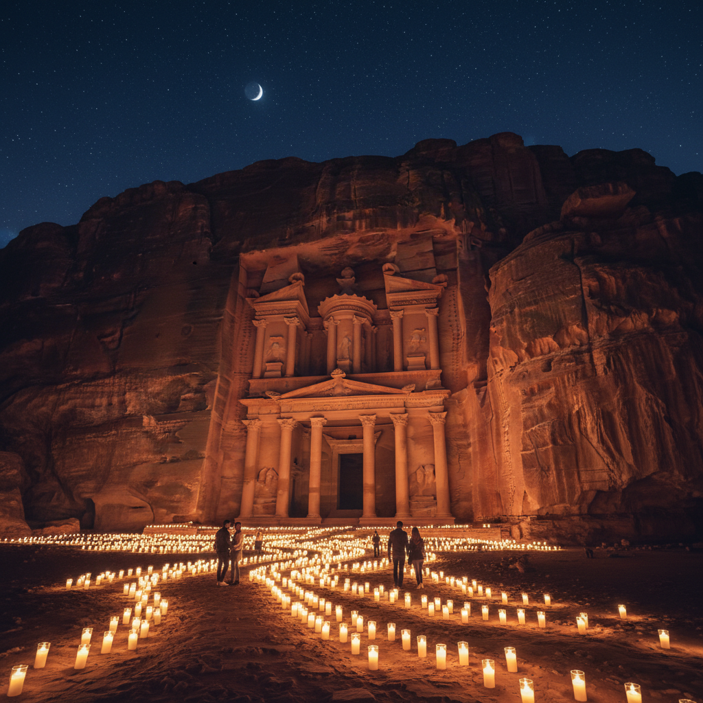Petra Treasury Al-Khazneh candlelight night romantic