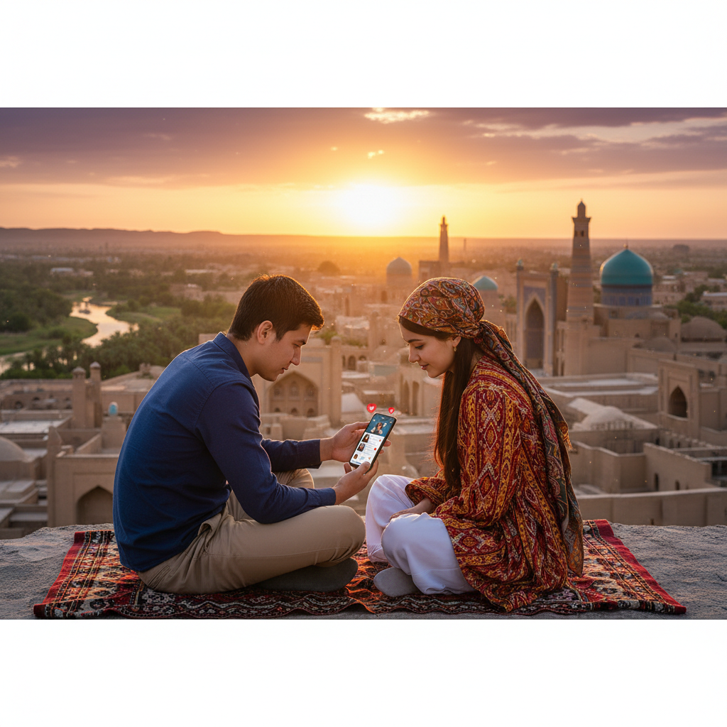 Uzbek couple looking at phone together, online dating, horizontal