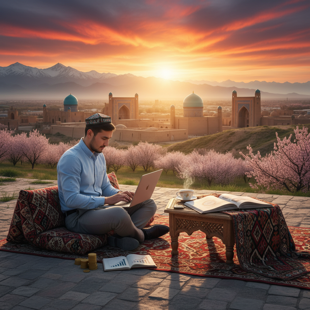 Uzbek entrepreneur working on laptop, earning potential, horizontal