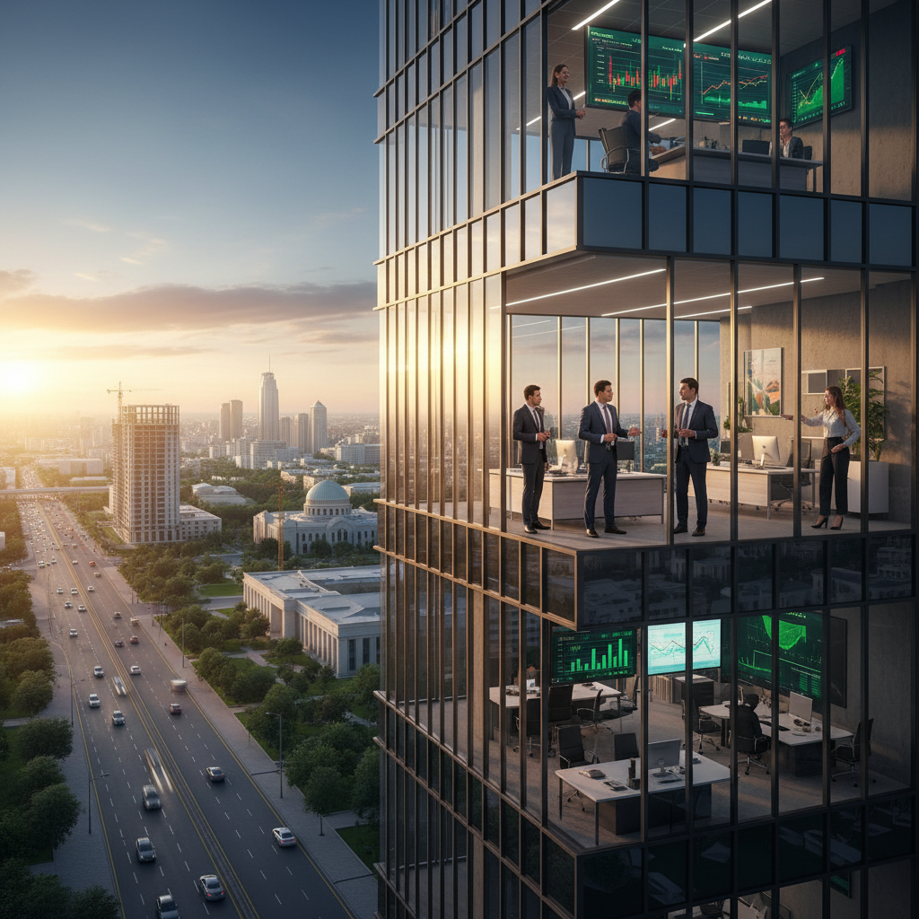 Modern Uzbek business people in office, economy, horizontal