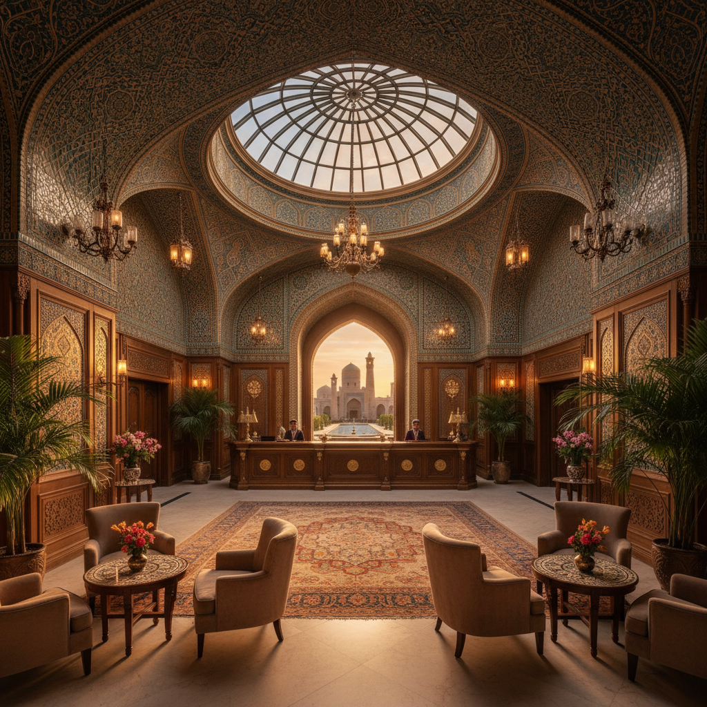 Elegant hotel lobby in Bukhara, Uzbekistan, horizontal