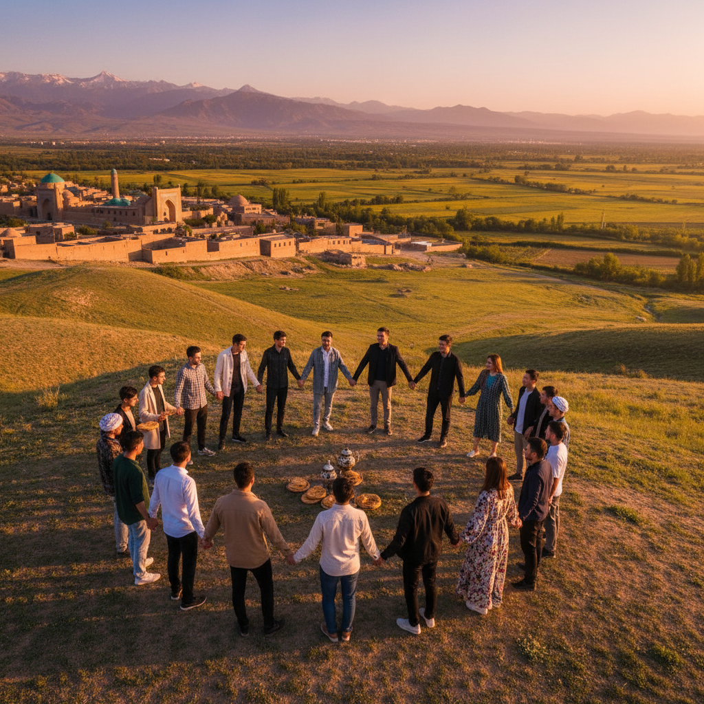 Diverse group of young Uzbeks connecting, join community, horizontal