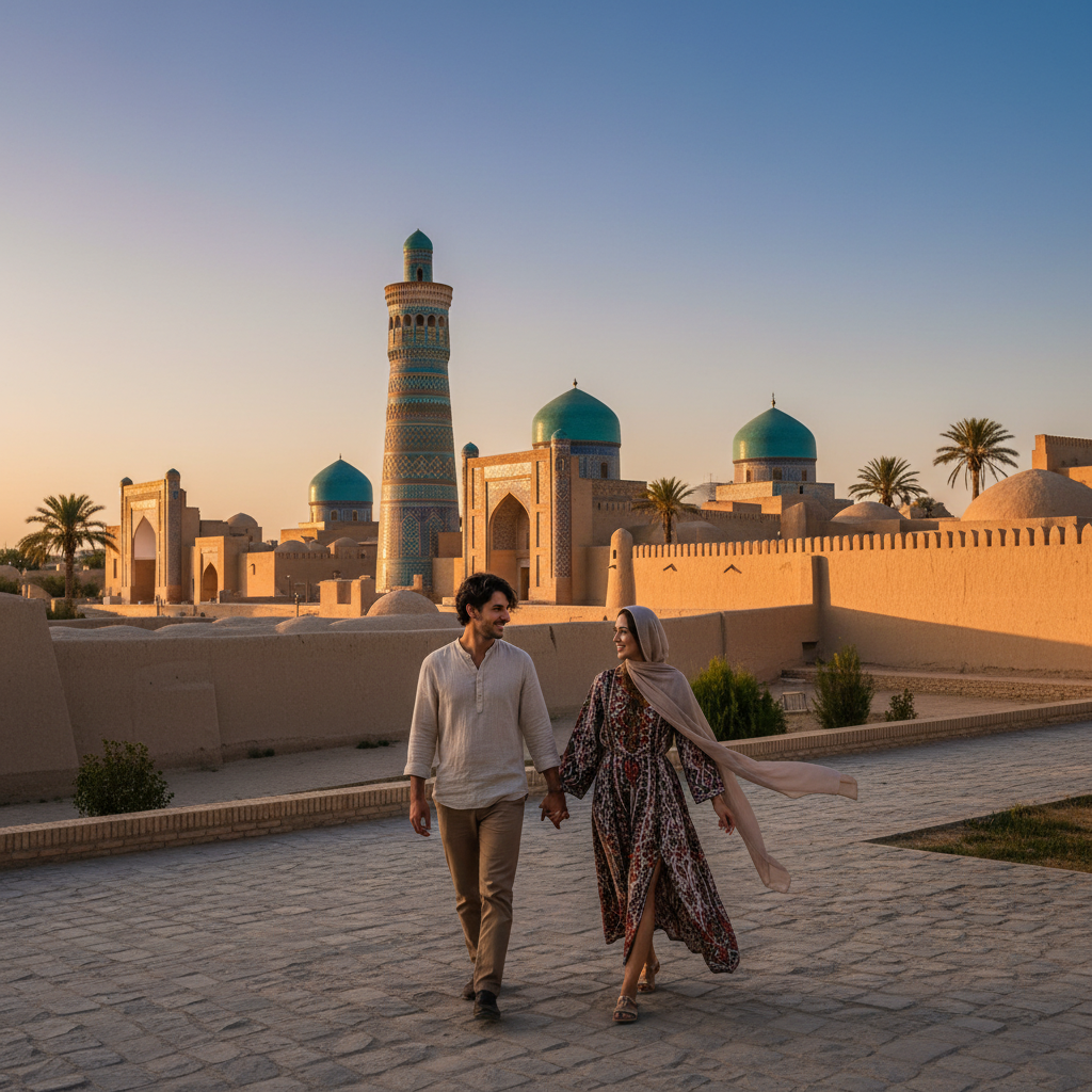Couple walking hand-in-hand through historical site in Uzbekistan, romantic, horizontal