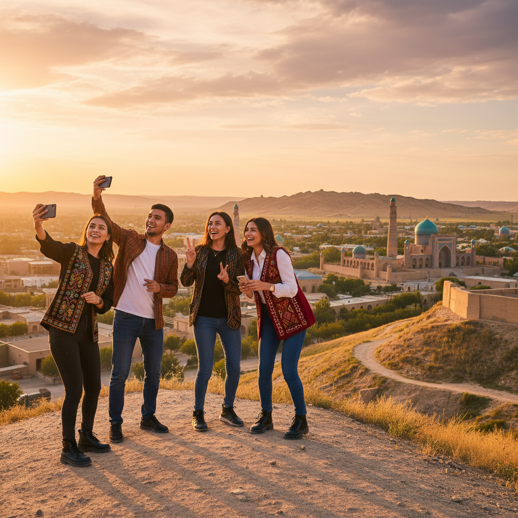 Young Uzbek adults using smartphones, social media trends, horizontal