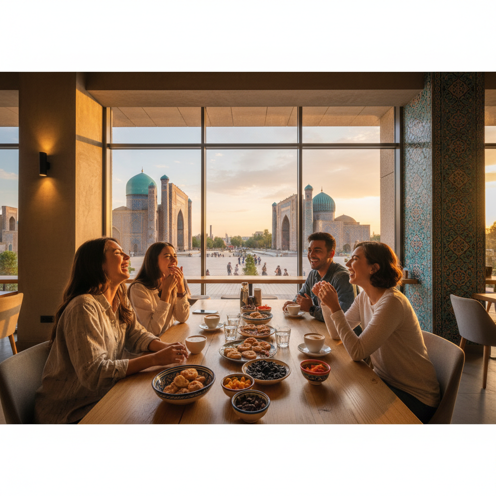 Friends laughing in a modern cafe in Samarkand, Uzbekistan, horizontal